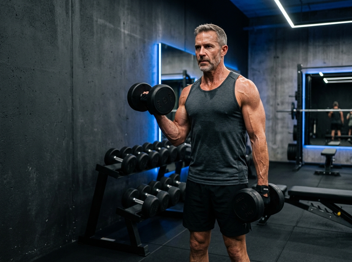 Man 50 år som lyfter hantlar i gym