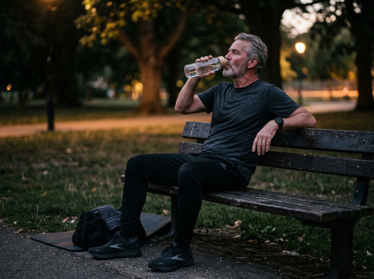 Man som vilar och dricker vatten efter träning